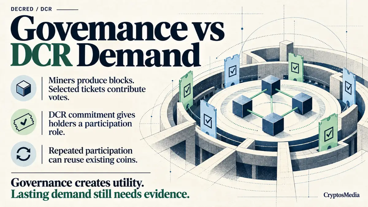 Decred review cover showing voting tickets, connected blocks and the distinction between governance utility and DCR demand