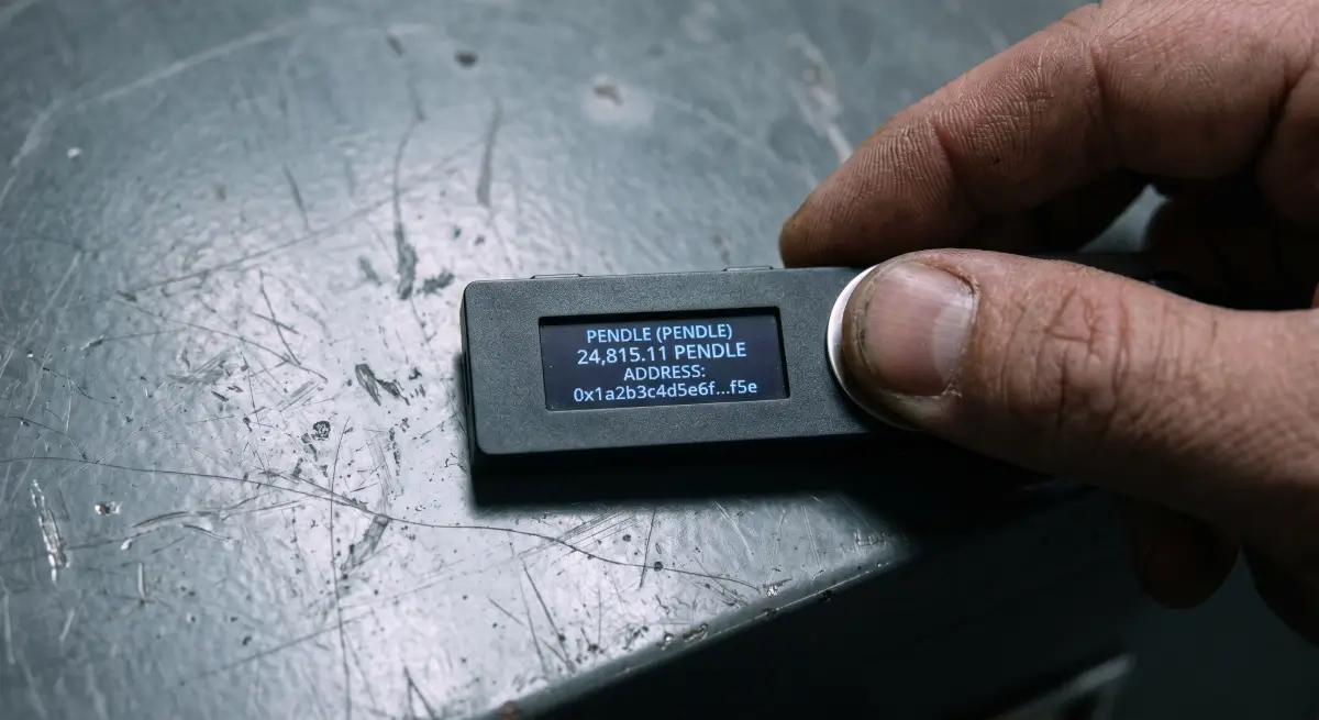 A close-up of a hardware crypto wallet displaying a verifiable PENDLE token balance and on-chain address.