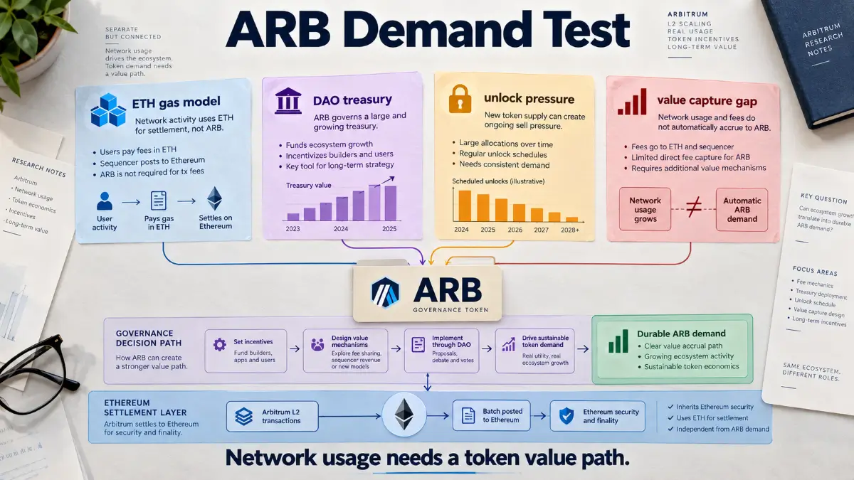 Arbitrum ARB tokenomics review infographic showing ETH gas model, DAO treasury, unlock pressure, and value capture gap