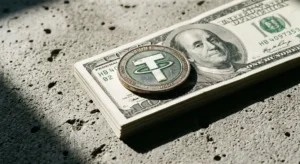 Physical Tether USDT coin resting securely on a stack of US hundred-dollar bills upon a raw concrete surface, illustrating the 1-to-1 fiat reserve backing of the stablecoin.
