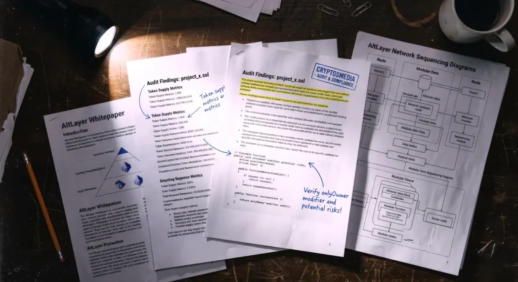Top down view of audited whitepaper pages and notes detailing the pausable contract risks in AltLayer tokenomics.