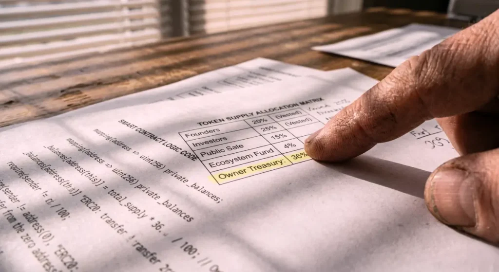 Close up of a printed smart contract ledger highlighting the heavy owner treasury in AltLayer tokenomics.