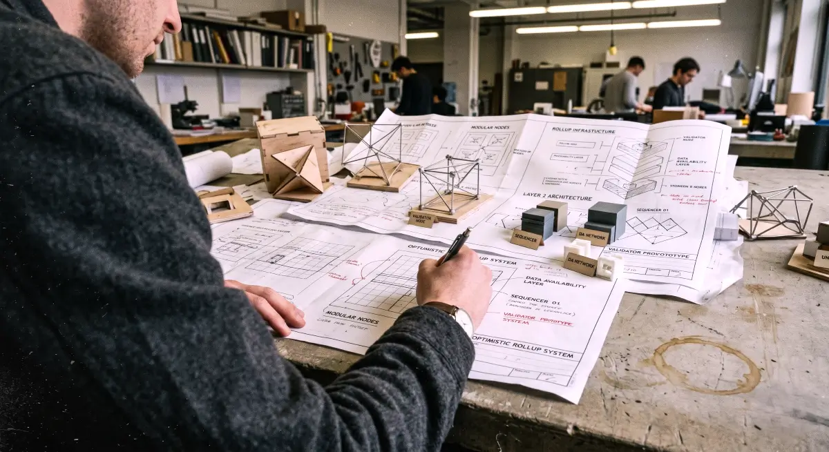 Over the shoulder view of architectural blueprints showing the actual AltLayer tokenomics and network infrastructure.
