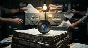 Physical representation of Arbitrum ARB tokenomics showing off-chain transaction ledgers and network centralization risks.
