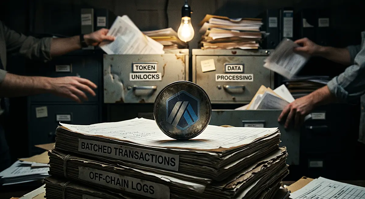 Physical representation of Arbitrum ARB tokenomics showing off-chain transaction ledgers and network centralization risks.