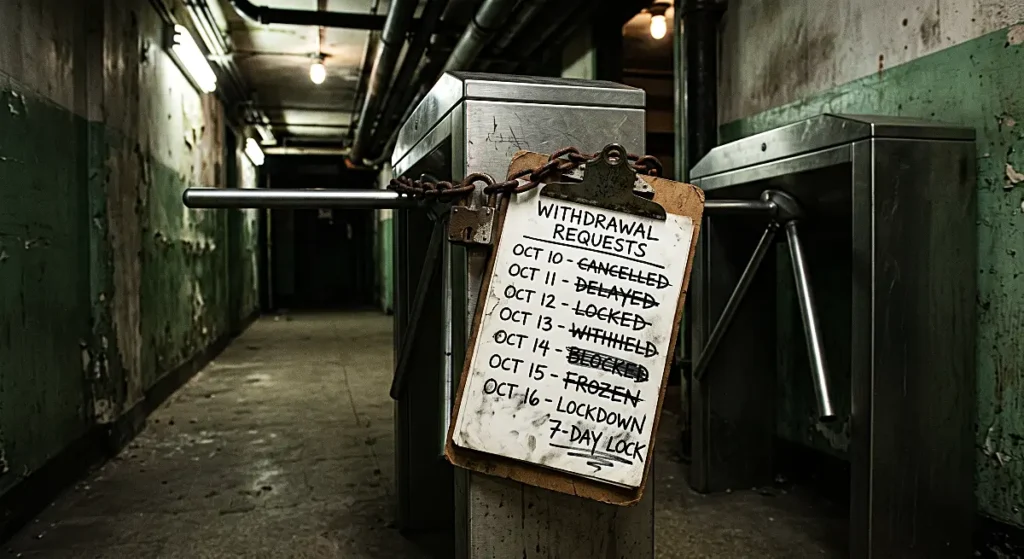 Chained turnstile with crossed-out dates symbolizing mandatory seven-day withdrawal delays when bridging funds from Arbitrum to Ethereum.