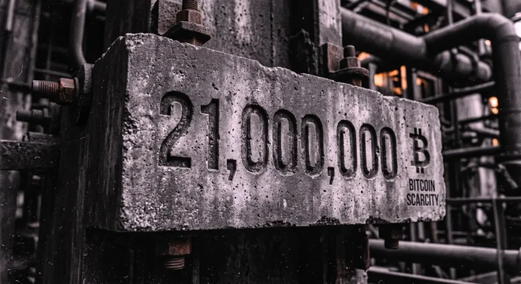Brutalist concrete monument engraved with the 21 million supply cap driving Bitcoin institutional adoption