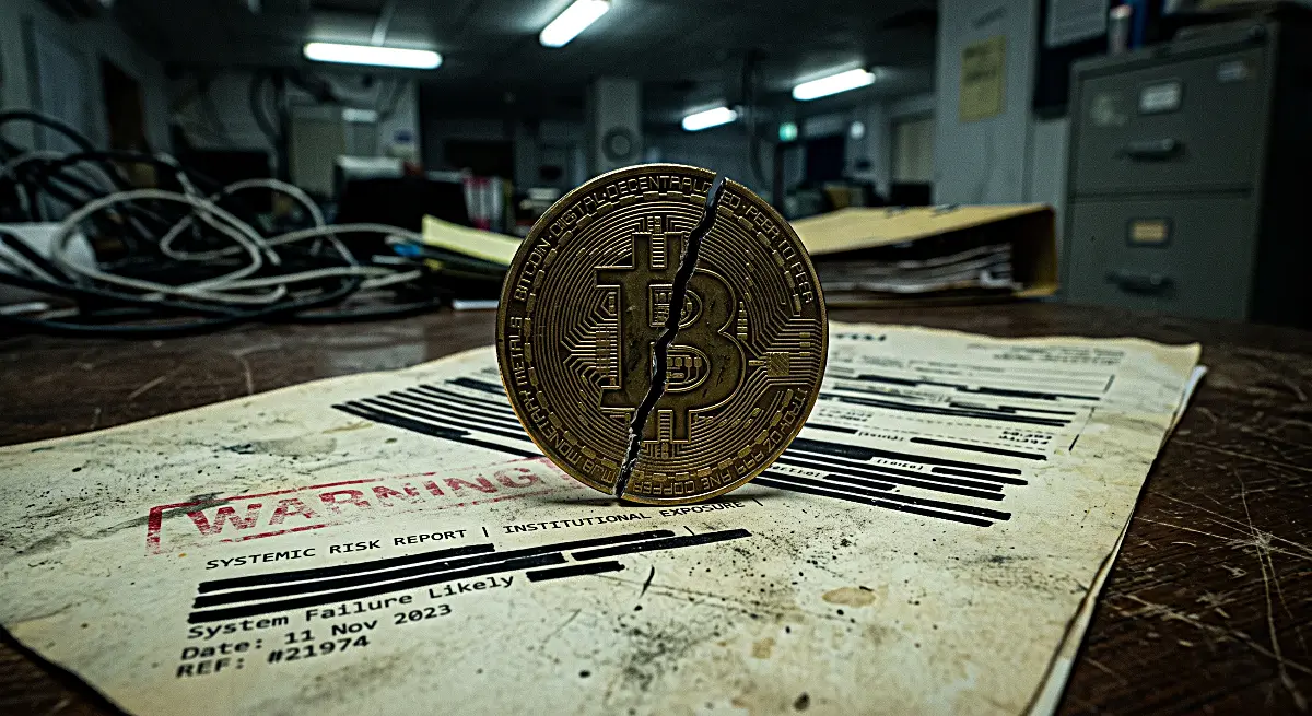 Cracked physical bitcoin coin sitting on a redacted document that warns of system failure.
