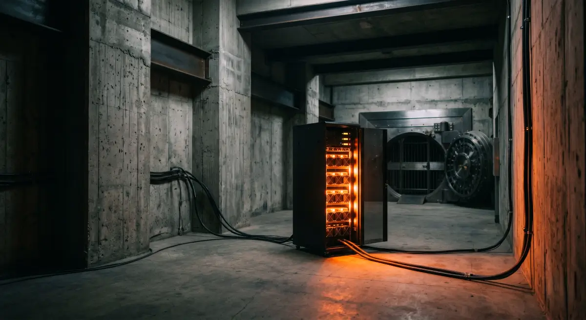 Raw concrete bank vault securing a glowing miner reflecting Bitcoin institutional adoption