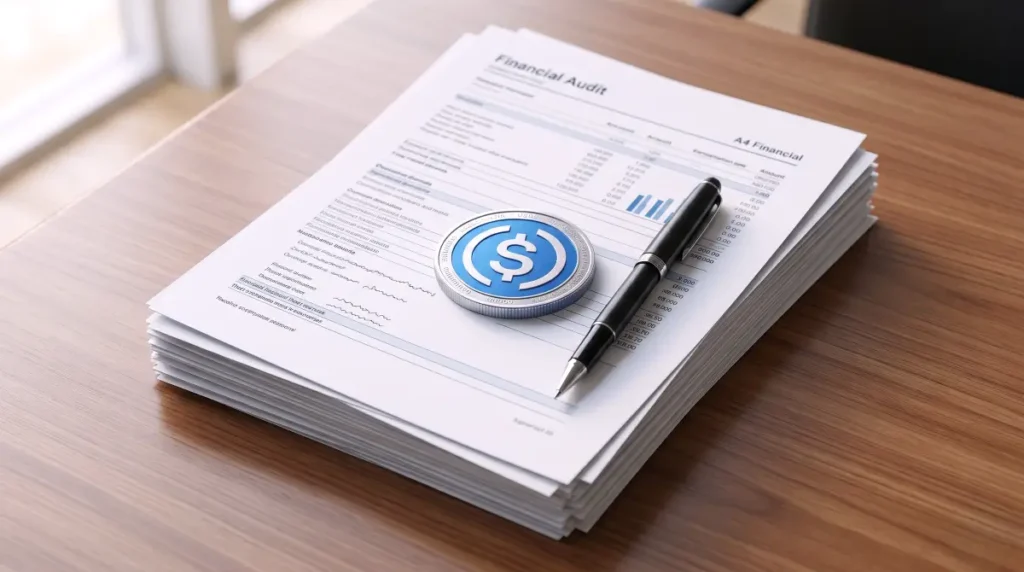 Physical Circle USD Coin acting as paperweight on financial audit document next to premium ink pen