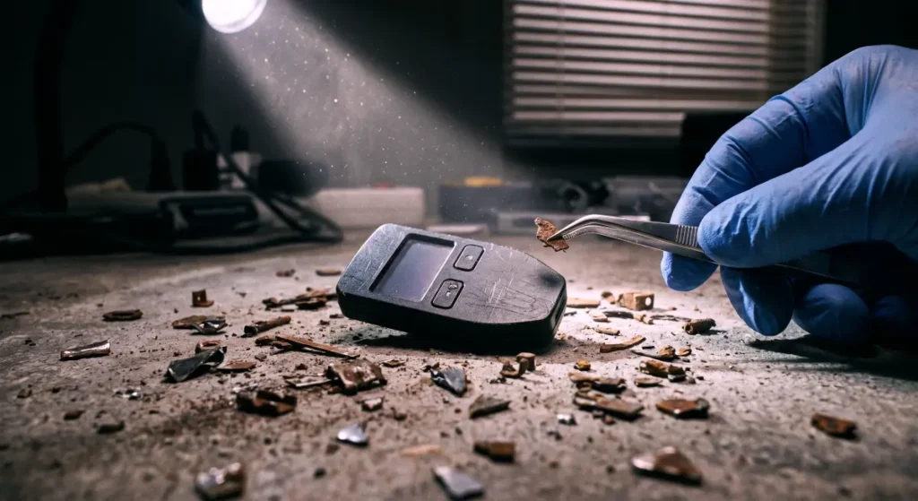 An extreme macro close-up of a hardware cryptocurrency wallet surrounded by unidentified, rusty metallic fragments, illustrating a malicious dusting attack.