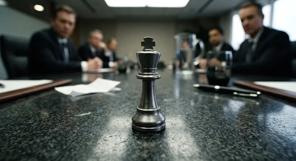 Solitary metallic chess king piece standing upright on a dark boardroom table with blurred executives in background.