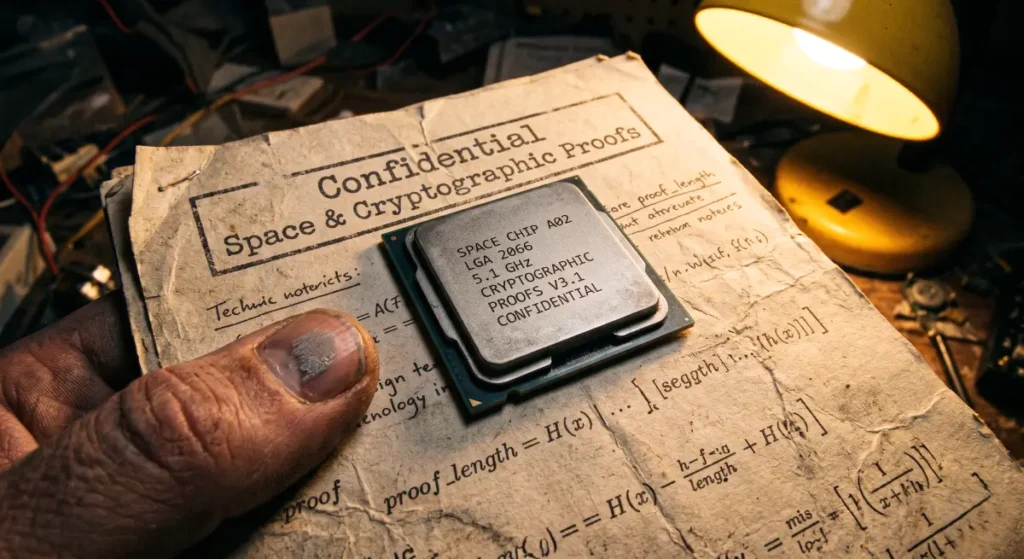 An extreme macro close-up photo showing a matte processor chip and printed cryptographic proofs, representing the hardware trust layer of the EigenCloud Token network.