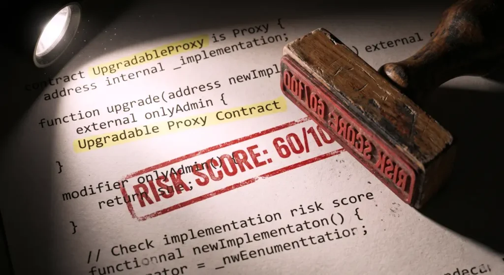 A forensic analysis photo revealing a 60 out of 100 automated audit score and upgradable proxy vulnerabilities inside the EigenCloud Token smart contract.