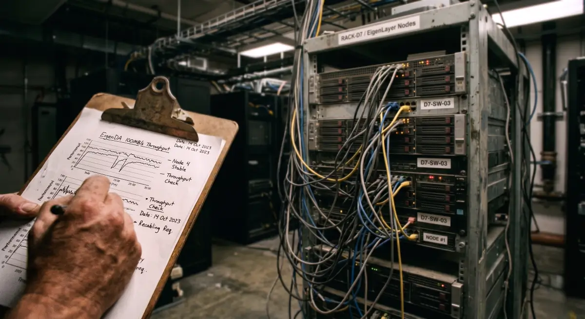 A documentary-style photo showing the operational server room environment and 100MB per second data throughput charts for the EigenCloud Token network.