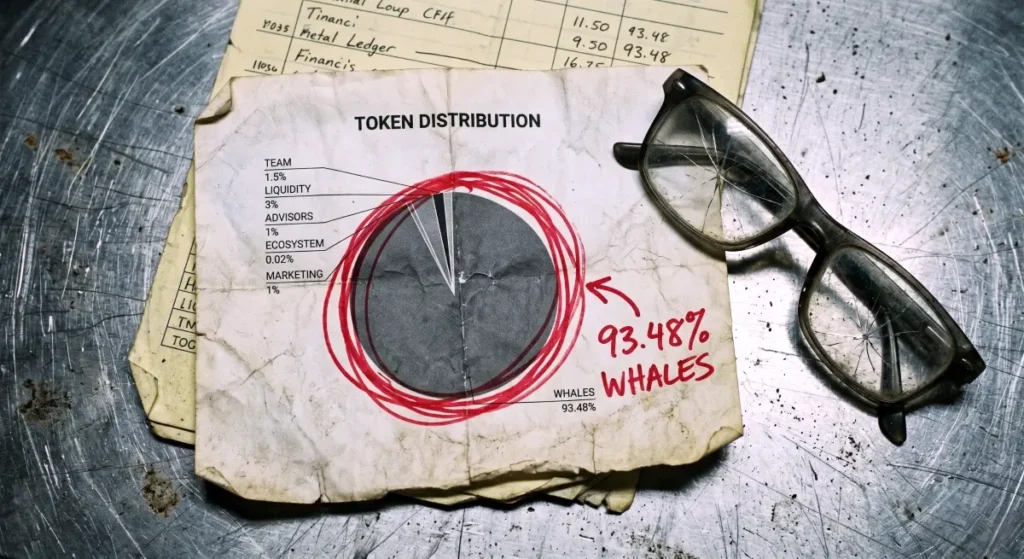 A gritty close-up of a printed financial ledger highlighting that 93.48 percent of the EigenCloud Token supply is controlled by whales.