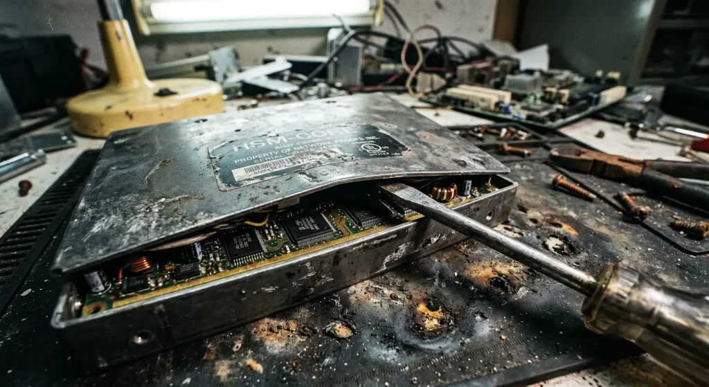 Scarred Hardware Security Module being pried open with a screwdriver to expose internal circuitry for an Ethereum network security audit.
