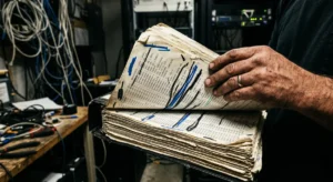 Researcher flipping through a heavy binder of physical server logs tracking Ethereum Token Layer 2 transaction data and network migration.