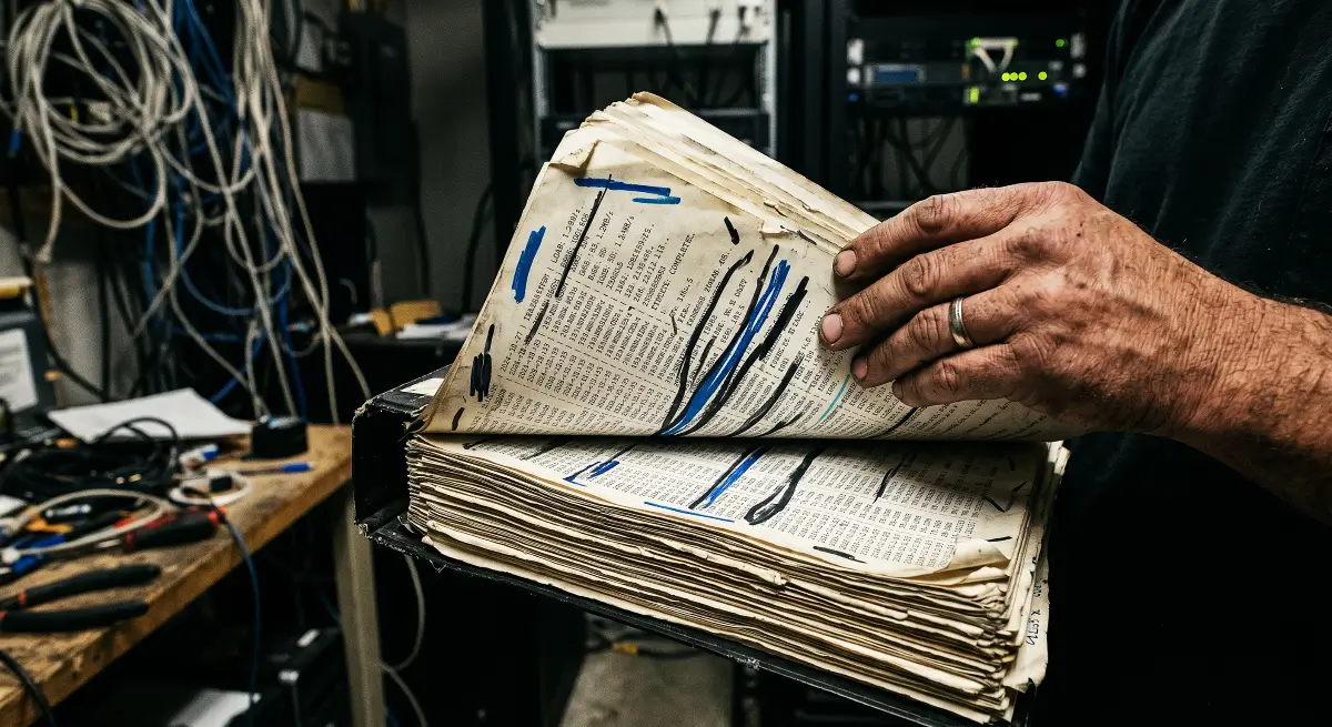 Researcher flipping through a heavy binder of physical server logs tracking Ethereum Token Layer 2 transaction data and network migration.