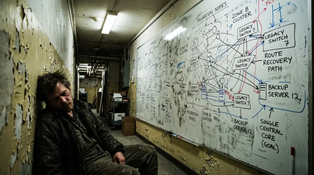An exhausted network architect resting next to a massive whiteboard showing complex Ethereum Token Layer 2 routing diagrams.