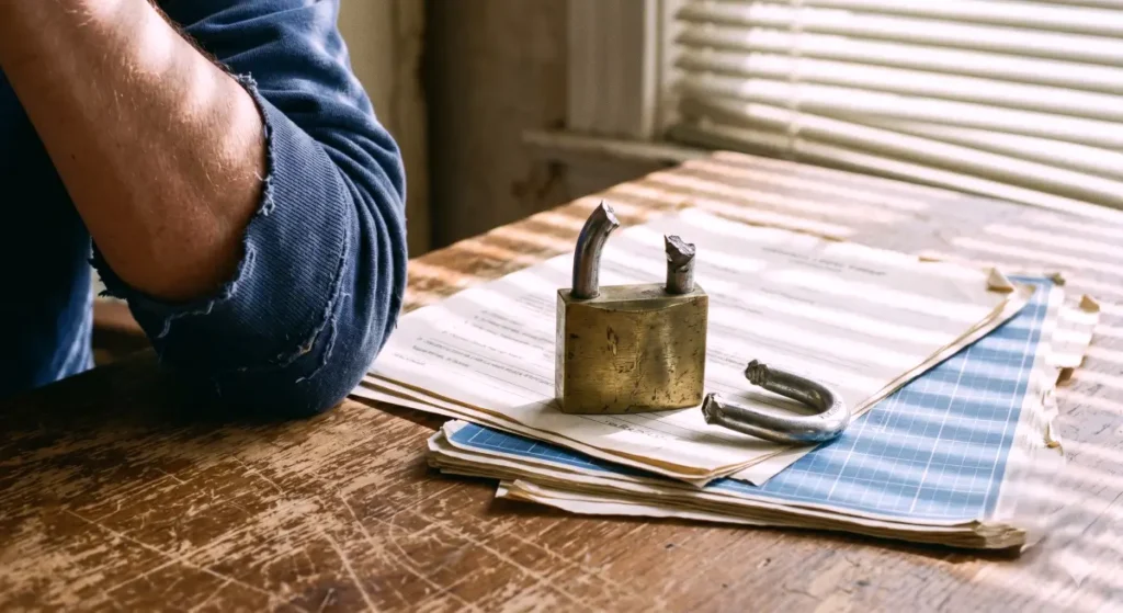 Raw evidence photograph showing a heavy brass padlock with a completely severed shackle resting on generic financial contracts, symbolizing fake liquidity locks in crypto.