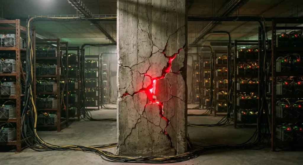Intense red light bursting from cracks in a central concrete column inside a massive Bitcoin mining facility, visualizing core risks despite ongoing Bitcoin institutional adoption.