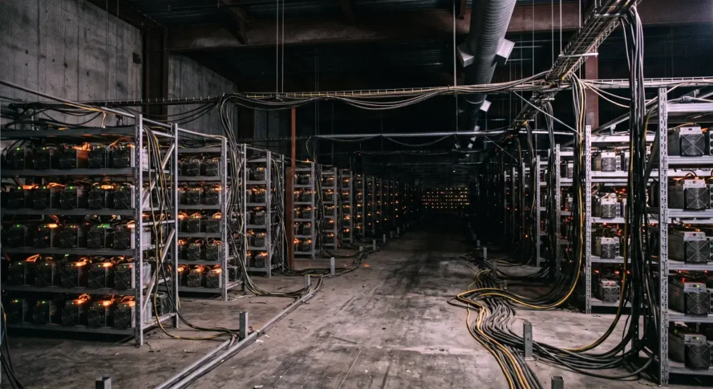 Endless rows of active mining machines running inside a dark warehouse securing Bitcoin institutional adoption