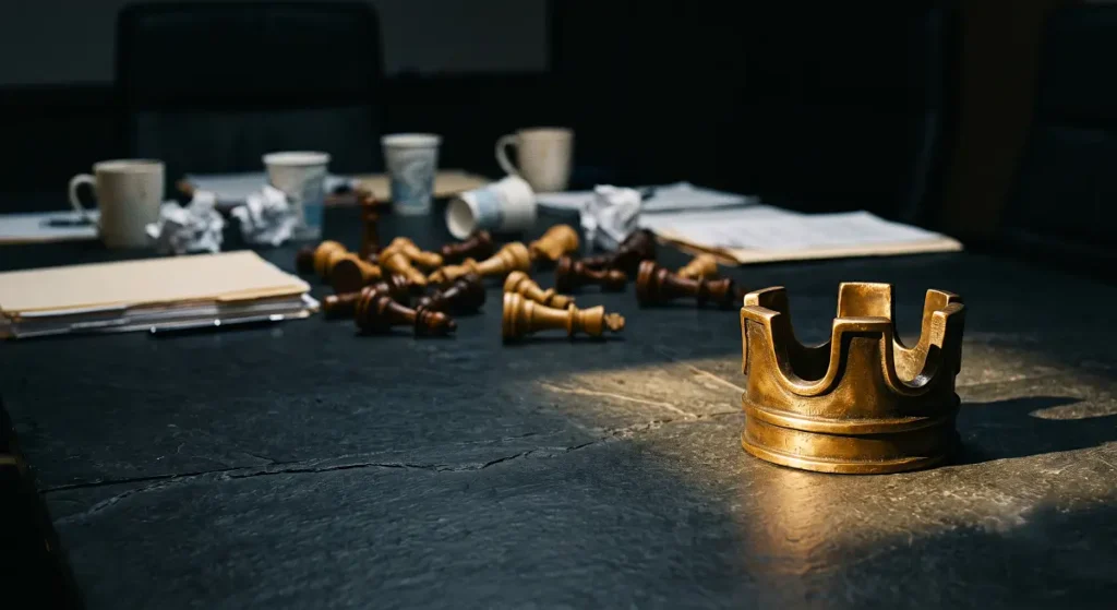 Golden crown sitting on a dark table in front of scattered and fallen chess pieces.