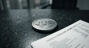 Solid metallic JUP token resting on a dark granite desk beside a confidential financial audit report.