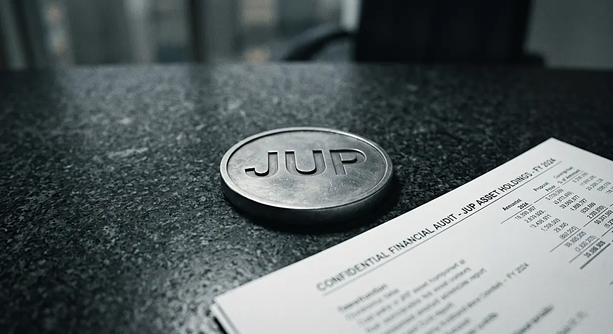 Solid metallic JUP token resting on a dark granite desk beside a confidential financial audit report.