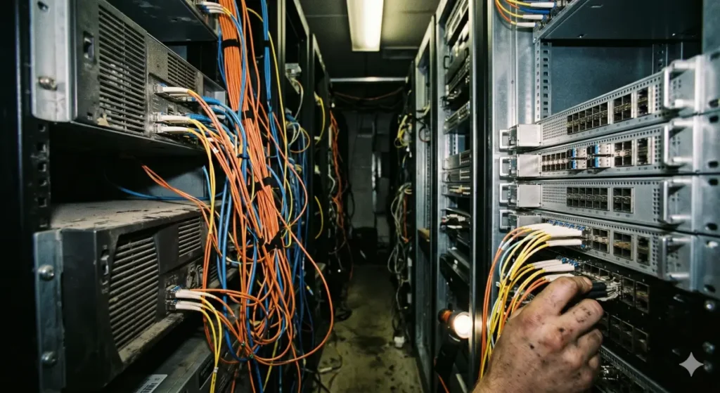 Technician's hand patching fiber optic cables between legacy servers and modern Ethereum Token Layer 2 modular network racks.