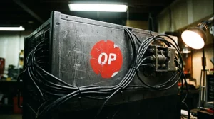An industrial hardware node displaying the Optimism logo representing the Optimism L2 network review and its core scaling technology.