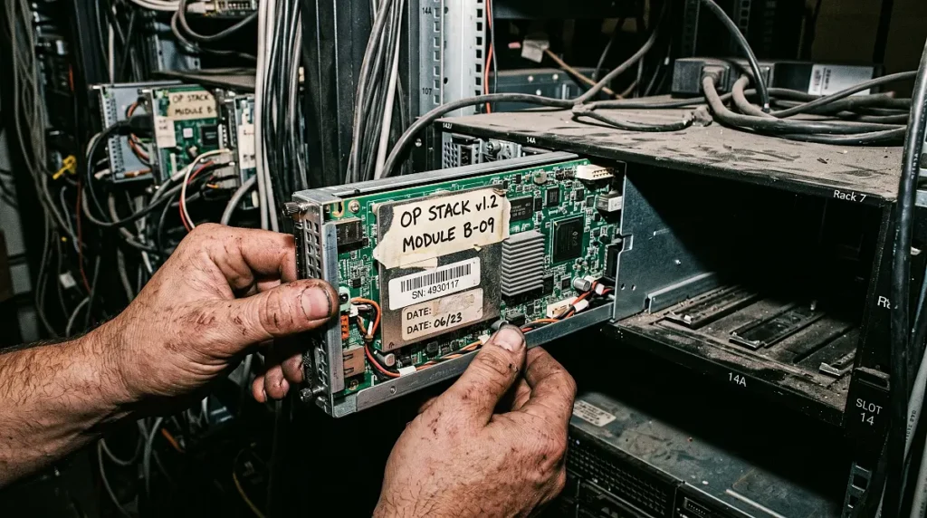 A physical modular server blade installation representing the OP Stack framework for our Optimism L2 network review.