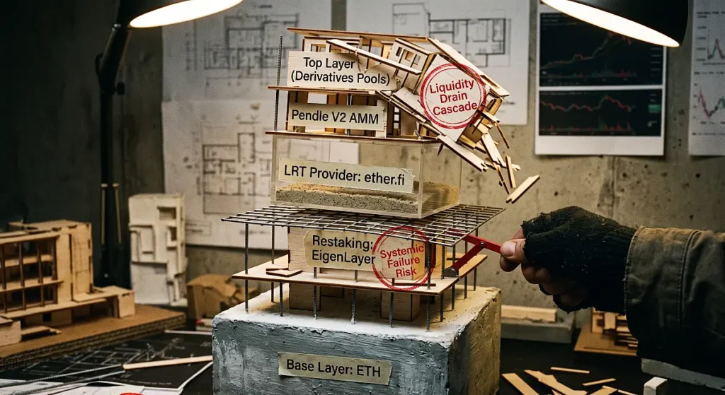 Physical model showing stacked architectural materials representing the interdependent layers of the Pendle protocol. Hand-applied red stamps mark the critical points of failure, exposing systemic risk.