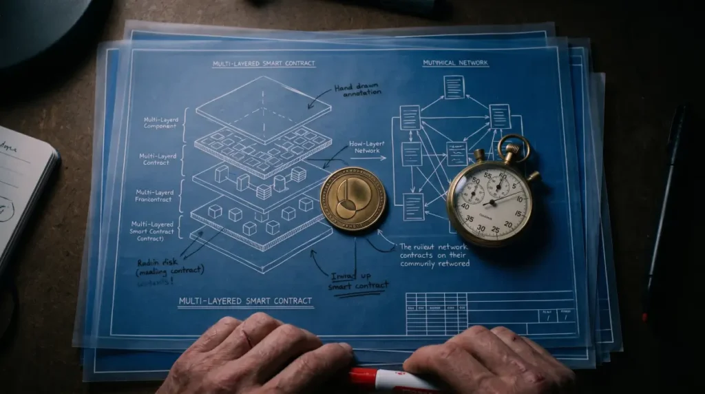 Pendle physical token resting on stacked transparent blueprints symbolizing multi-layered smart contract composability risk alongside ticking analog stopwatch.