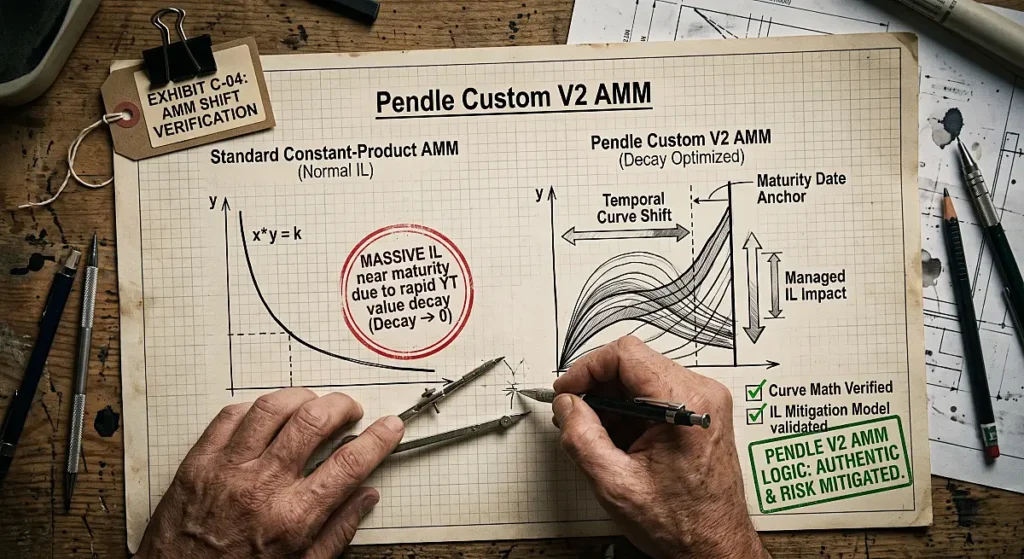 Forensic close-up of a technical chart on aged grid paper, manually marked by an analyst to verify the mathematical shift in the Pendle V2 AMM liquidity curve. Green checkmarks and an authenticated stamp validate the risk mitigation logic.