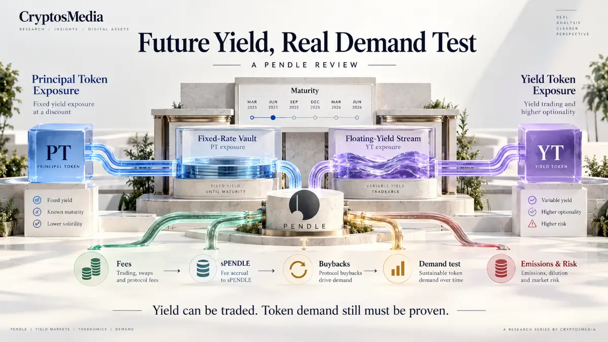 Pendle review visual showing future yield split into PT, YT, fees, sPENDLE buybacks, and token demand test