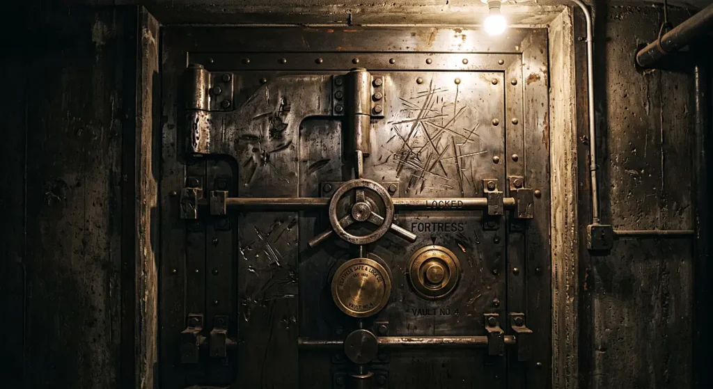 Heavy steel vault door mechanism showing strong physical security architecture.