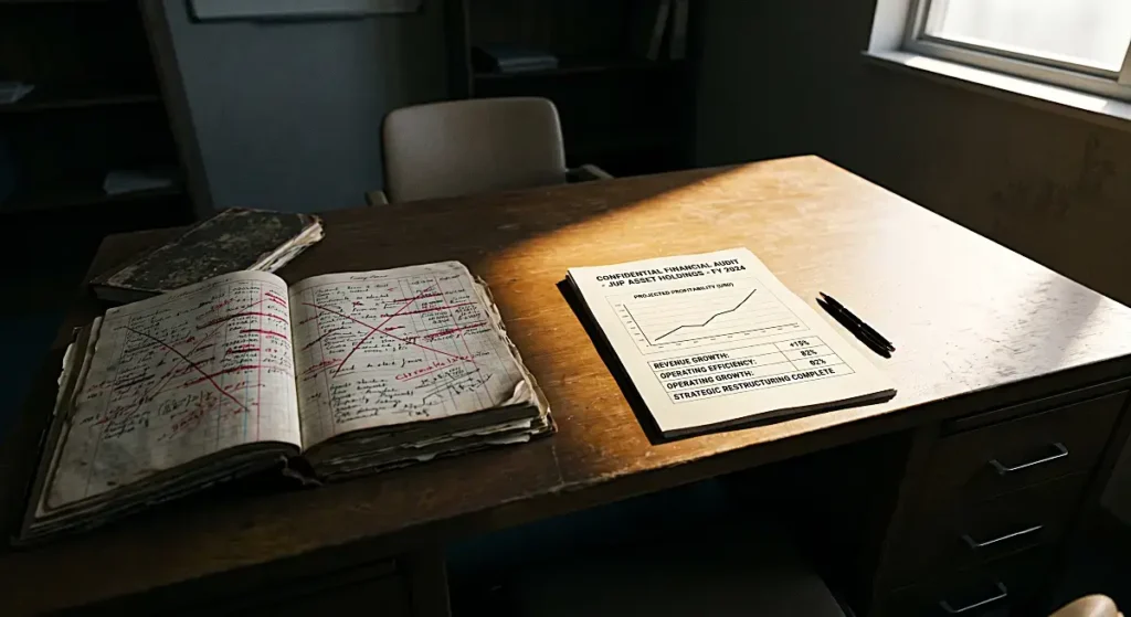 Open ledger book with red markings and a confidential financial audit report on a sunlit wooden desk.
