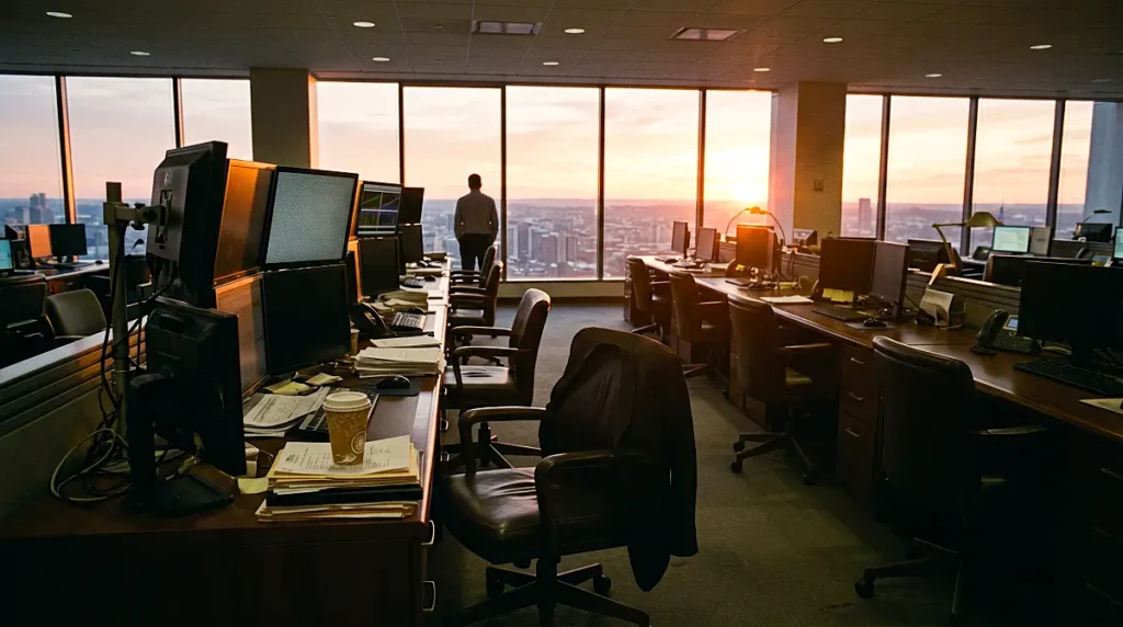 Modern corporate office with trading monitors overlooking a city skyline at sunset.