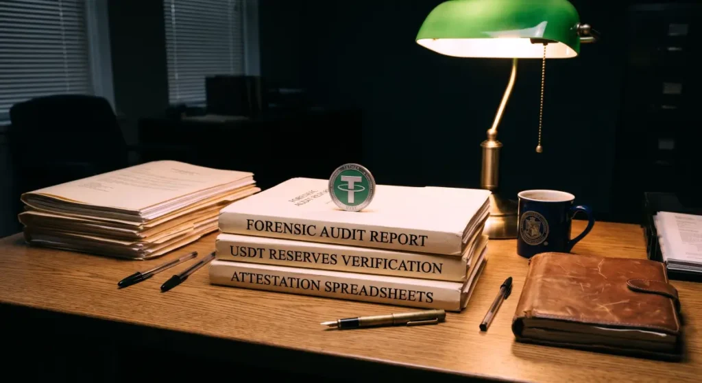 Stacks of forensic audit reports and reserve verification files are held down by a heavy USDT token under a desk lamp, symbolizing intense regulatory scrutiny.