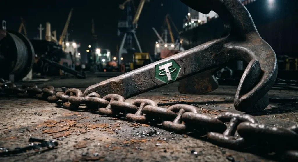 Heavy steel industrial anchor deeply engraved with the Tether USDT logo resting on raw concrete, symbolizing the stablecoin's role as a liquidity anchor in the volatile cryptocurrency market.