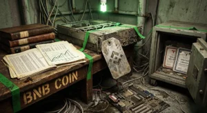 Physical server hardware alongside financial ledgers and tokenized asset storage representing network utility.