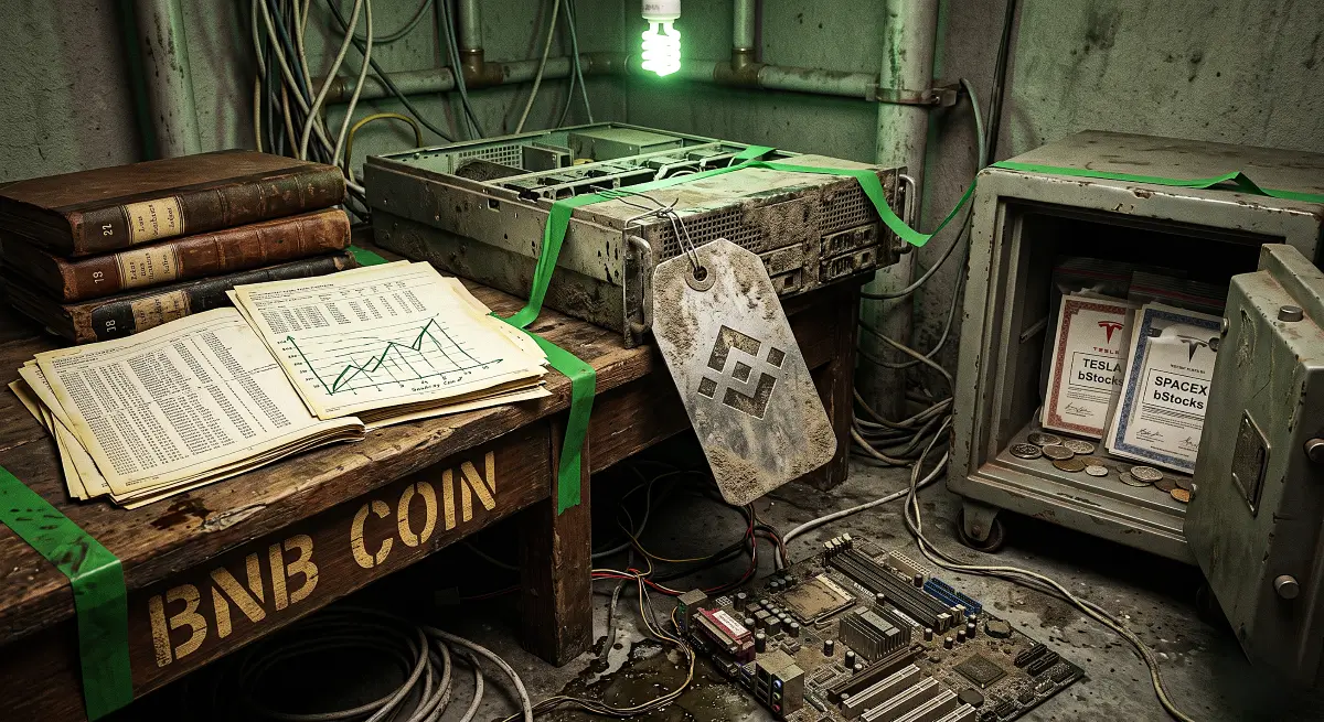 Physical server hardware alongside financial ledgers and tokenized asset storage representing network utility.