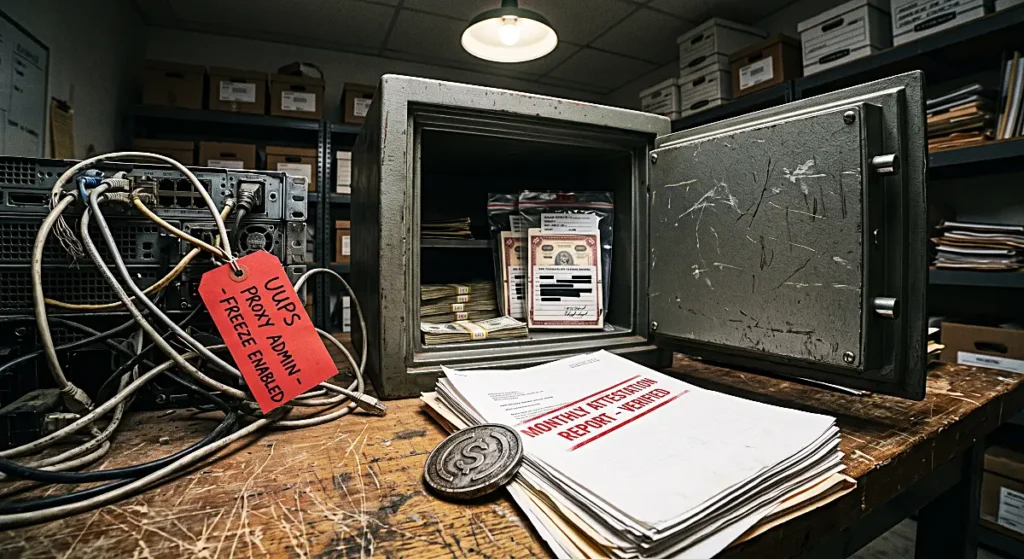 Open steel safe holding bank notes and Treasury bonds alongside audit documents and network cables with red proxy warning tag.