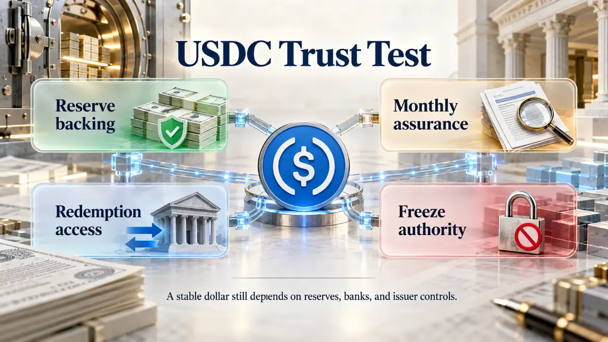 Circle USD Coin Review infographic showing reserve backing, monthly assurance, redemption access, and freeze authority