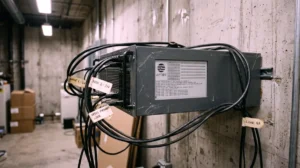 Industrial blockchain server node mounted on a concrete wall displaying the Aptos network emblem.