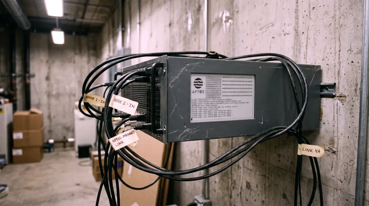 Industrial blockchain server node mounted on a concrete wall displaying the Aptos network emblem.