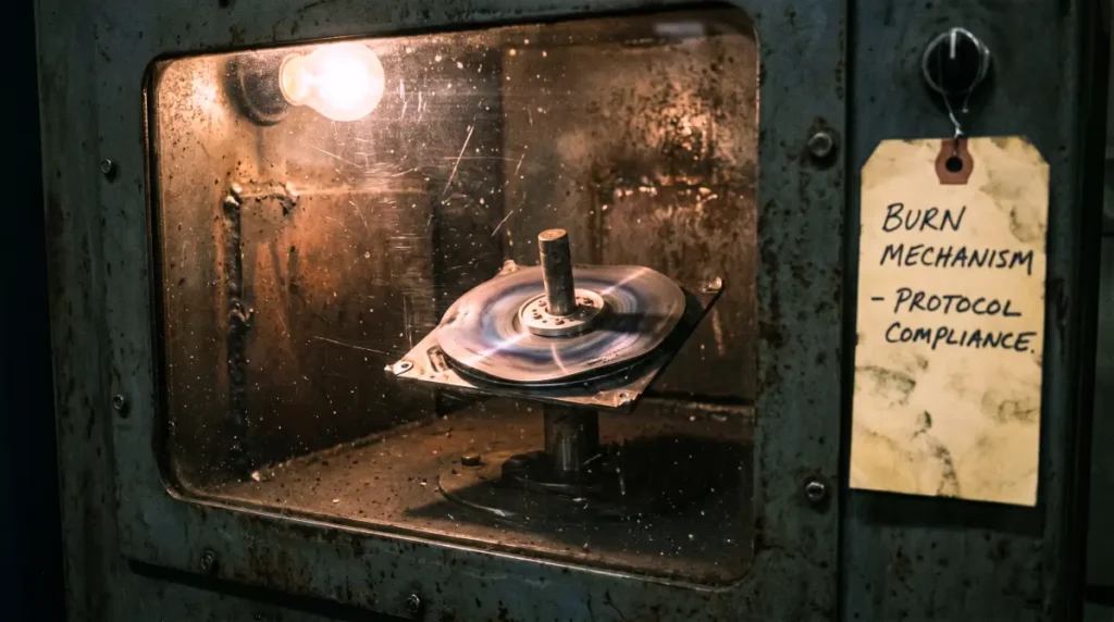 Physical hard drive being destroyed inside an industrial degaussing unit representing data burn.