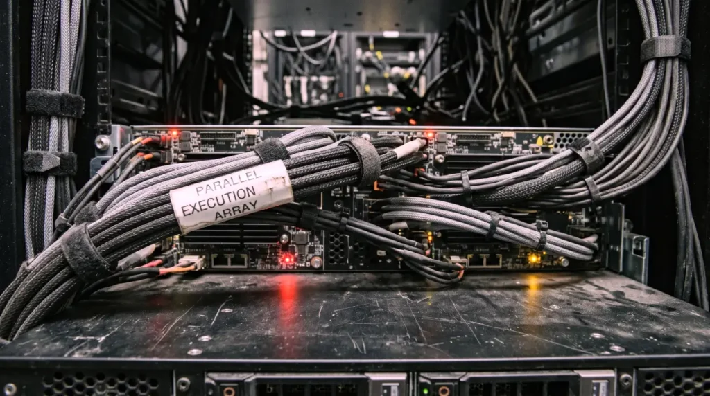 Fiber optic data cables connected to a high-speed parallel execution server backplane.